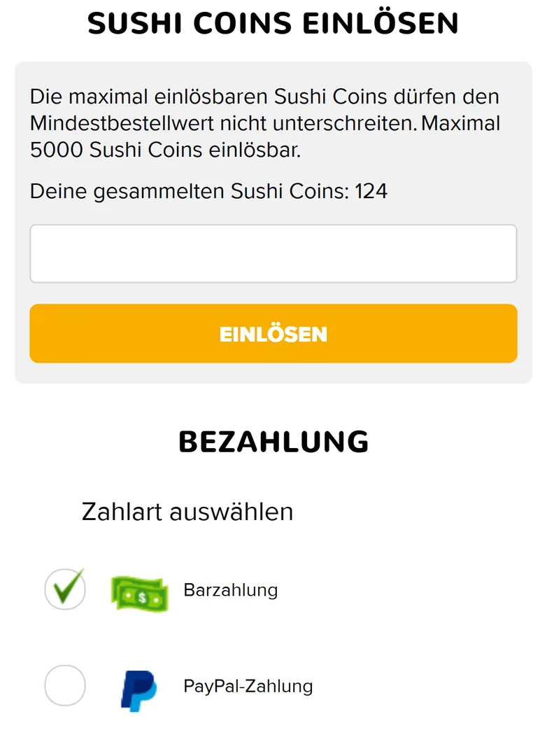 Checkout von Sushi for You: gesammelte Coins einlösen