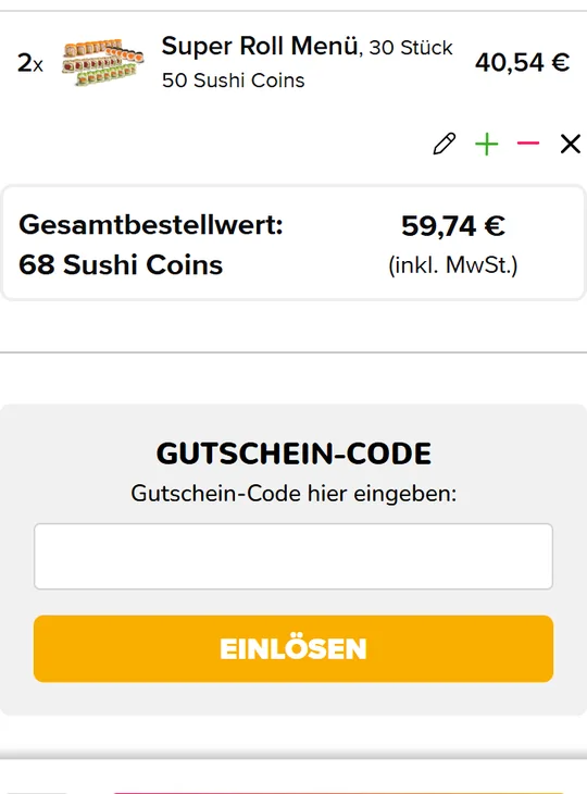 Warenkorb von Sushi for You mit den Coins je Artikel und für die ganze Bestellung