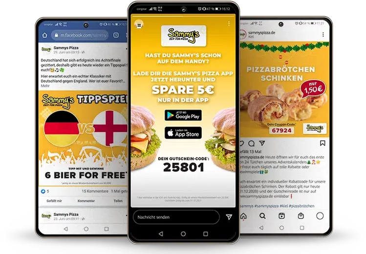 Drei Smartphones mit Gewinnspiel- und Rabattaktionen