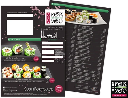 Postmailing mit Sushi-Angeboten und mehrseitiger Karte von Sushi For You