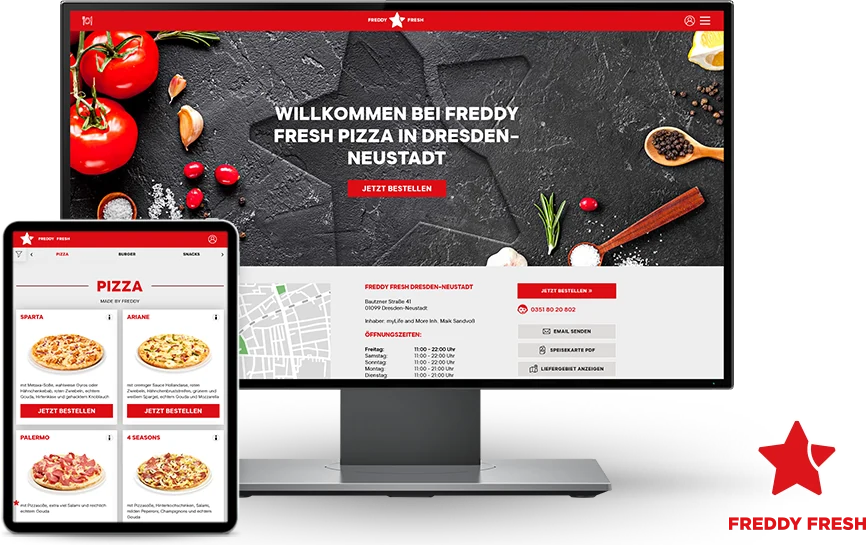 Webshop von Freddy Fresh auf einem Monitor und einem Tablet
