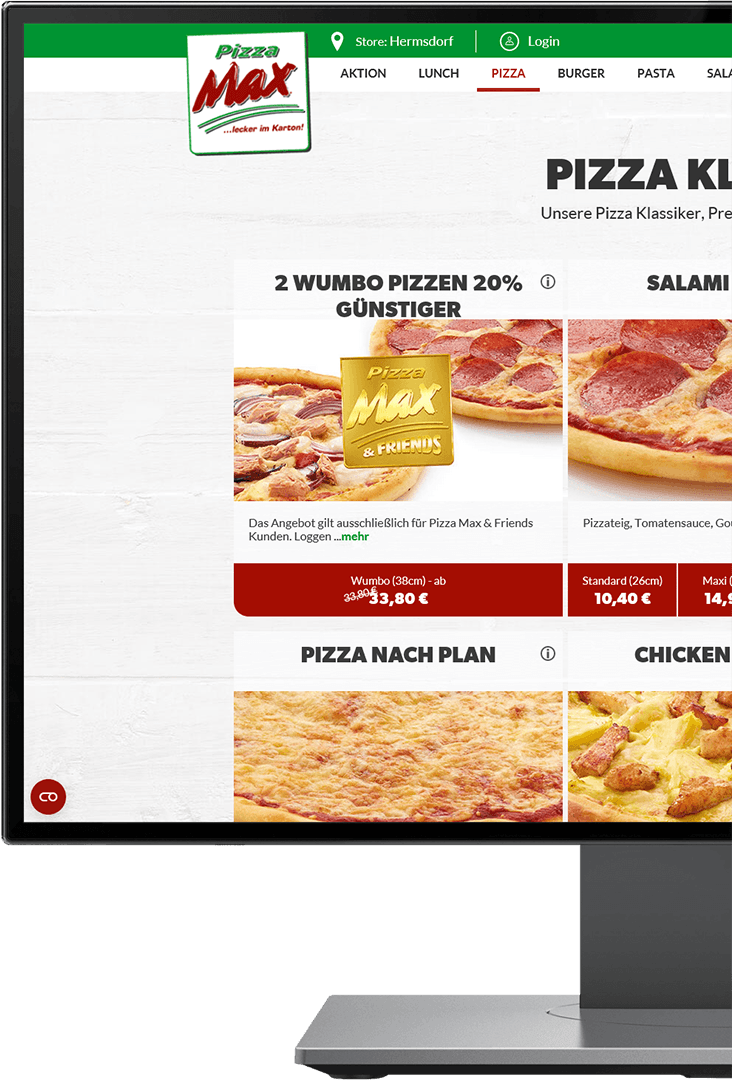 halbierter PC auf dem ein Pizza Webshop zu sehen ist
